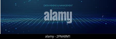 Data mining and management. Flow banner data transfer science illustration. Finance concept business software blue technology background. Digital Stock Vector