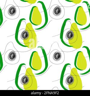 Seamless pattern with Abstract avocado illustration with black line in vector on white Stock Vector