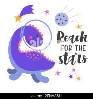 Image of cute cartoon dinosaurs in cosmos and lettering, vector graphics, on a white background. For the design of postcards, posters, prints for mugs Stock Vector