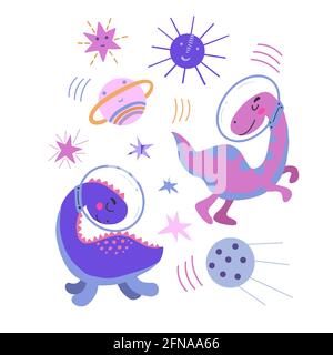 Image of cute cartoon dinosaurs in cosmos, vector graphics, on a white background. For the design of postcards, posters, prints for t-shirts, mugs Stock Vector