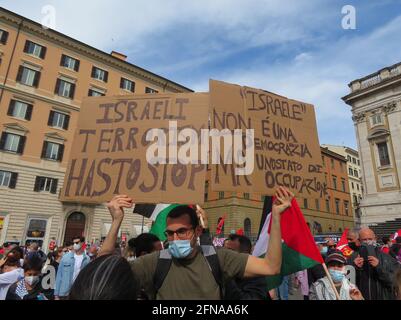 Rome, Italy. 15th May, 2021. A poster against Israel at the demonstration of Palestinian Nakba behind Santa Maria Maggiore church, in Rome, Italy, on May 15, 2021. On the same day an attack destroyed a Gaza tower housing Al Jazeera and Associated Press offices. (Photo by Elisa Gestri/Sipa USA) Credit: Sipa USA/Alamy Live News Stock Photo