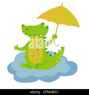 Image with cute cartoon crocodile on a blue cloud. Vector graphics on a white background. For the design of posters, postcards, notebook covers Stock Vector