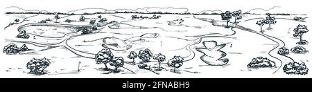 Golf course with water and sand bunkers. Summer landscape vector hand drawn sketch illustration. Golf club lawn background. Stock Vector