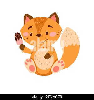 Image with cute cartoon fox with ice cream. Vector graphics on a white background. For the design of posters, postcards, notebook covers, childrens Stock Vector