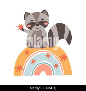 Image with cute cartoon raccoon on a colorful rainbow. Vector graphics on a white background. For the design of posters, postcards, notebook covers Stock Vector