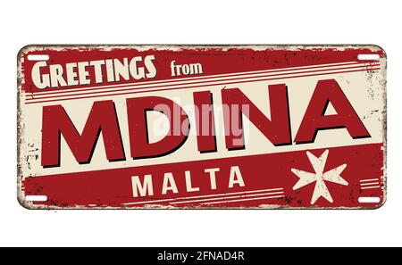 Greetings from Mdina vintage rusty metal plate on a white background, vector illustration Stock Vector