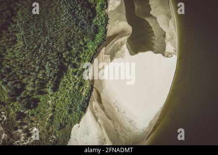 Sandy beach on the river aerial top down view Stock Photo