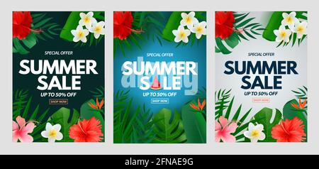 Summer sale a4 vertical poster set. Natural Background with Tropical Palm Leaves, exotic plumeria and hibiscus flower. Vector Illustration Stock Vector