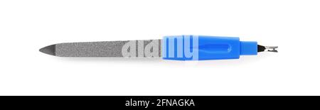 Nail file with blue grip and v blade cuticle trimmer isolated on white background. 2 in 1 manicure and pedicure file tool accessory with nail cuticle Stock Photo