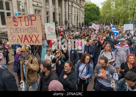 15 May 2021. London, UK. Photo by Ray Tang. Anti-vaccination and anti-lockdown protesters take part in an organised demonstration outside the BBC Broadcasting  House building. It has been over a year since the UK went into lockdown due to the rise in Covid-19 cases. Stock Photo