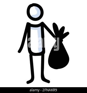 Hand Drawn Stick Figure Trash Collecting. Concept of Clean Up Earth Day. Simple Icon Motif for Environmental Earth Day, Volunteer Clipart, Eco Rubbish Stock Vector