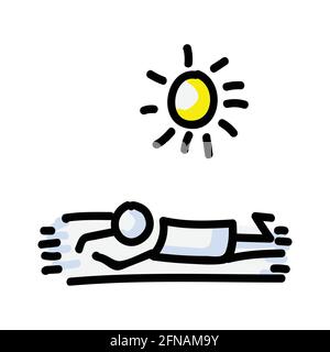 Sunbathing Vector Stick Figure Person Tanning on Towel. Hand Drawn Isolated Human Doodle Icon Motif Element in Flat Color. For Vacation, Resort Stock Vector