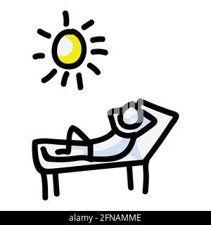 Sunbathing Vector Stick Figure Person Tanning In Sun. Hand Drawn Isolated Human Doodle Icon Motif Element in Flat Color. For Vacation, Resort Stock Vector