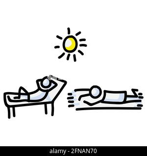 Two Sunbathing Vector Stick Figure Person Tanning In Sun. Hand Drawn Isolated Human Doodle Icon Motif Element in Flat Color. For Vacation, Resort Stock Vector