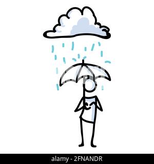 Hand Drawn Stick Figure Umbrella in Rain. Concept of Storm Shelter Expression. Simple Icon Motif Raindrop Communication. Nature, Cloud, Thunder Stock Vector