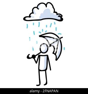 Hand Drawn Stick Figure with Umbrella standing in Rain. Concept of Storm Shelter Expression. Simple Icon Motif Raindrop Communication. Nature, Cloud Stock Vector