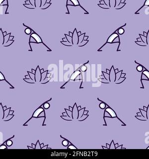 Stick figure lunge yoga pose with lotus flower seamless vector pattern. Hand drawn peace zen and wellness background. Physical exercise fitness home Stock Vector