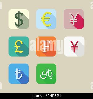 Set of Currency Symbols. Long shadow vector icons.US Dollar, Euro, Franc, GBP, Yen, Yuan, Lira, riyal. Stock Vector