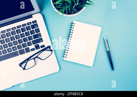 Flat lay of Laptop computer and plant and pen on desk in office, workplace and notebook and glasses and potted tree and book, workspace and copy space Stock Photo