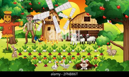 Farm scene at sunset with old farmer man and cute animals illustration ...
