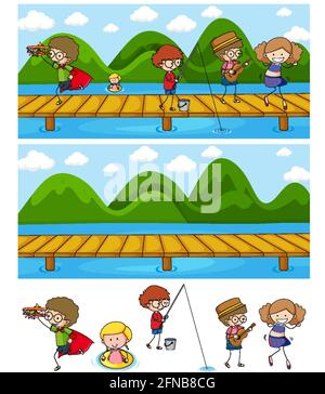 Set of different horizontal scenes background with doodle kids cartoon character illustration Stock Vector