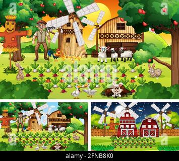 Different farm scenes with old farmer man and animals illustration Stock Vector