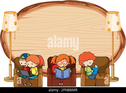 Blank wooden board in oval shape with kids doodle cartoon character illustration Stock Vector