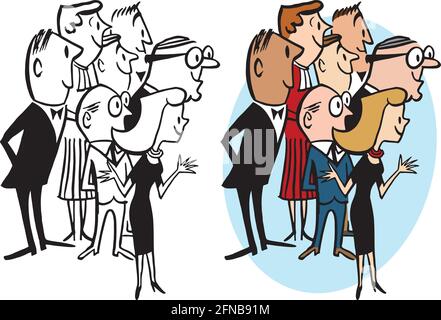 A retro cartoon of a group of people all looking in the same direction at something interesting. Stock Vector