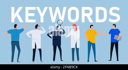 keywords research search engine optimization SEO try to search words term teamwork together Stock Vector