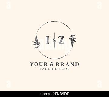 IZ letters floral frames. Botanical feminine editable premade monoline unique decoration for greeting card, wedding invitation. Stock Vector
