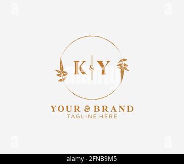 KY letters floral frames. Botanical feminine editable premade monoline unique decoration for greeting card, wedding invitation. Stock Vector