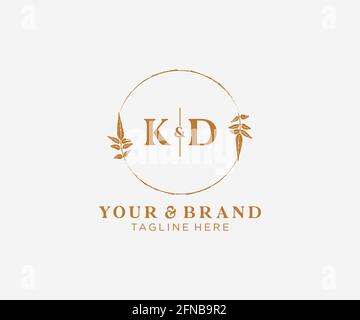 KD letters floral frames. Botanical feminine editable premade monoline unique decoration for greeting card, wedding invitation. Stock Vector