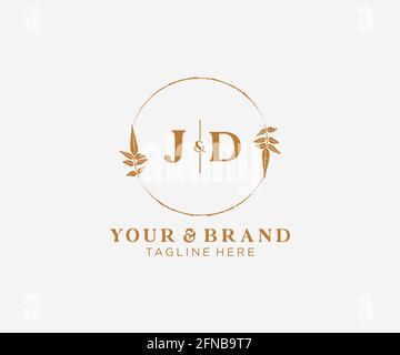 JD letters floral frames. Botanical feminine editable premade monoline unique decoration for greeting card, wedding invitation. Stock Vector