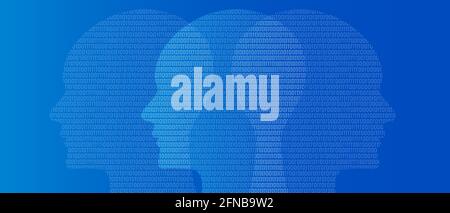 head binary number symbol of artificial intelligence thinking digital technology blue background zero and one Stock Vector