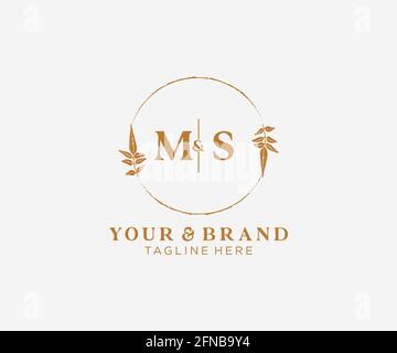 MS letters floral frames. Botanical feminine editable premade monoline unique decoration for greeting card, wedding invitation. Stock Vector