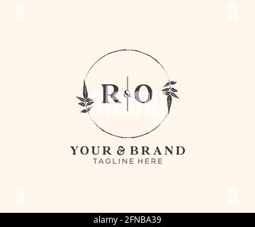 RO letters floral frames. Botanical feminine editable premade monoline unique decoration for greeting card, wedding invitation. Stock Vector