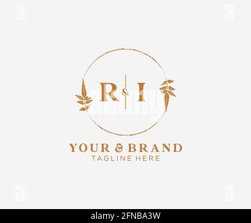 RI letters floral frames. Botanical feminine editable premade monoline unique decoration for greeting card, wedding invitation. Stock Vector
