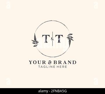 TT letters floral frames. Botanical feminine editable premade monoline unique decoration for greeting card, wedding invitation. Stock Vector