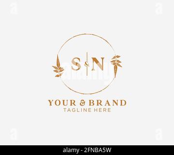 SN letters floral frames. Botanical feminine editable premade monoline unique decoration for greeting card, wedding invitation. Stock Vector