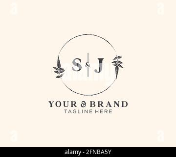 SJ letters floral frames. Botanical feminine editable premade monoline unique decoration for greeting card, wedding invitation. Stock Vector