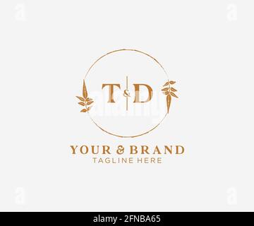 TD letters floral frames. Botanical feminine editable premade monoline unique decoration for greeting card, wedding invitation. Stock Vector