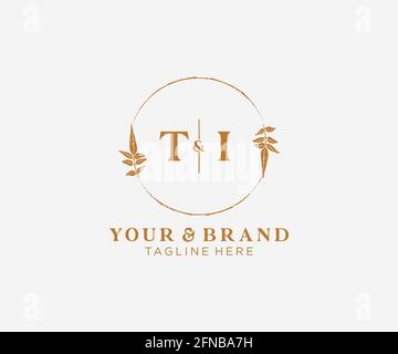 TI letters floral frames. Botanical feminine editable premade monoline unique decoration for greeting card, wedding invitation. Stock Vector