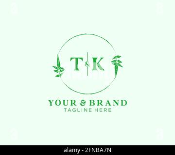 TK letters floral frames. Botanical feminine editable premade monoline unique decoration for greeting card, wedding invitation. Stock Vector