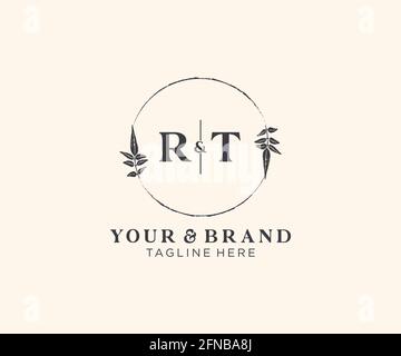 RT letters floral frames. Botanical feminine editable premade monoline unique decoration for greeting card, wedding invitation. Stock Vector