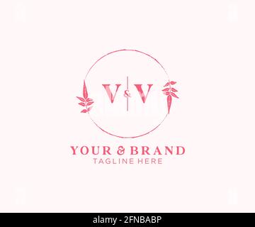 VV letters floral frames. Botanical feminine editable premade monoline unique decoration for greeting card, wedding invitation. Stock Vector