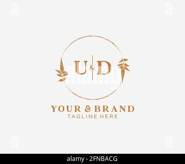 UD letters floral frames. Botanical feminine editable premade monoline unique decoration for greeting card, wedding invitation. Stock Vector