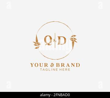 QD letters floral frames. Botanical feminine editable premade monoline unique decoration for greeting card, wedding invitation. Stock Vector