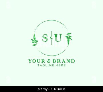 SU letters floral frames. Botanical feminine editable premade monoline unique decoration for greeting card, wedding invitation. Stock Vector