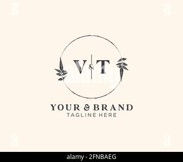 VT letters floral frames. Botanical feminine editable premade monoline unique decoration for greeting card, wedding invitation. Stock Vector