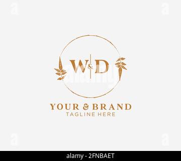 WD letters floral frames. Botanical feminine editable premade monoline unique decoration for greeting card, wedding invitation. Stock Vector